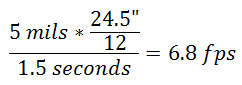 [ 5 mils * ( 24.5" / 12 ) ] / 1.5 seconds = 6.8 fps